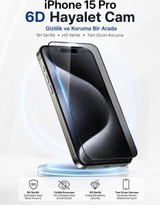 Ekran Koruyucu iPhone 15 Pro ile Uyumlu, 6d Hayalet Kırılmaz Cam, 9h Sertlik, Şeffaf, Temperli Cam