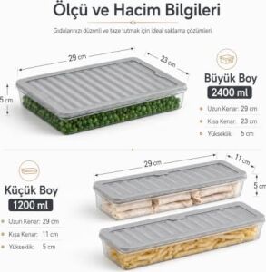 Derin Dondurucu 3 Parça Plastik Saklama Kabı Seti, 4800ML, Buzluk Düzenleyici Şeffaf Kap, Buzdolabı Gıda Erzak Kapaklı Depolama Kutusu, 2400ML ve 1200ML X2 (Antrasit, 2400, Mililitre)