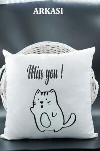Harfli Kırlent Kılıfı Kadife 43X43 cm Çift Taraflı R Harfi Kedi Desenli Evlilik Teklifi Doğum Günü
