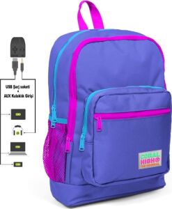 Mavi USB Şarjlı Kulaklık Çıkışlı Okul Sırt Çantası 23803