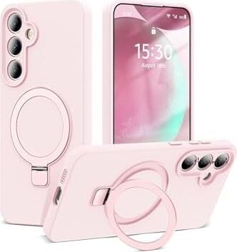 -  Galaxy S24 Fe ile Uyumlu Kılıf Magsafe ile Uyumlu Halkalı Extra Standlı Içi Kadife Yumuşak Renkli Silikon Kapak - Açık Pembe