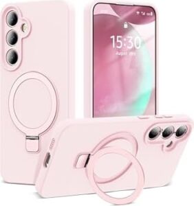-  Galaxy S24 Fe ile Uyumlu Kılıf Magsafe ile Uyumlu Halkalı Extra Standlı Içi Kadife Yumuşak Renkli Silikon Kapak - Açık Pembe