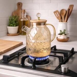 1600 ml  Desenli Isıya Dayanıklı Cam Demlik - Ahşap Kapaklı, Gold Detaylı Büyük Boy Borosilikat Çaydanlık