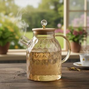 1600 ml  Desenli Isıya Dayanıklı Cam Demlik - Ahşap Kapaklı, Gold Detaylı Büyük Boy Borosilikat Çaydanlık