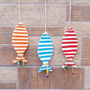 Bodrum Balık Dekoratif Duvar Süsü, Çizgili Balık, Turuncu, Mavi ve Kırmızı, 3'lü Set