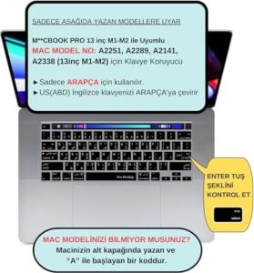 MacBook Pro Arapça Klavye Koruyucu Us Ansı Düz Enter A2338 M1 M2 A2251 A2289 A2141 Uyumlu Silikon Keyboard Cover Touch Bar Siyah