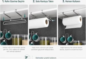 Pratik Solo Kağıt Havluluk Krom, Dolap Içi Askılı Kağıt Havlu Tutucu, Delmeden Montajlı Mutfak Rulo Havluluk, Paslanmaya Dayanıklı Metal Tasarım