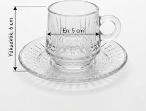 6’lı Cam Kahve Fincanı Seti Şeffaf Çizgili Tasarım Tabaklı Espresso Türk Kahvesi Sunum Fincan Takımı 6 cm