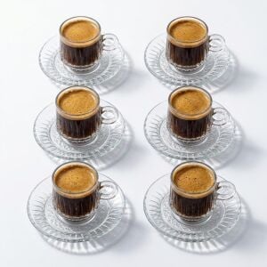 6’lı Cam Kahve Fincanı Seti Şeffaf Çizgili Tasarım Tabaklı Espresso Türk Kahvesi Sunum Fincan Takımı 6 cm