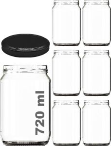 Afracam 720 ml Şeffaf Kavanoz 720 cc Konserve Metal Siyah Kapaklı Cam Kavanoz 6 Adet