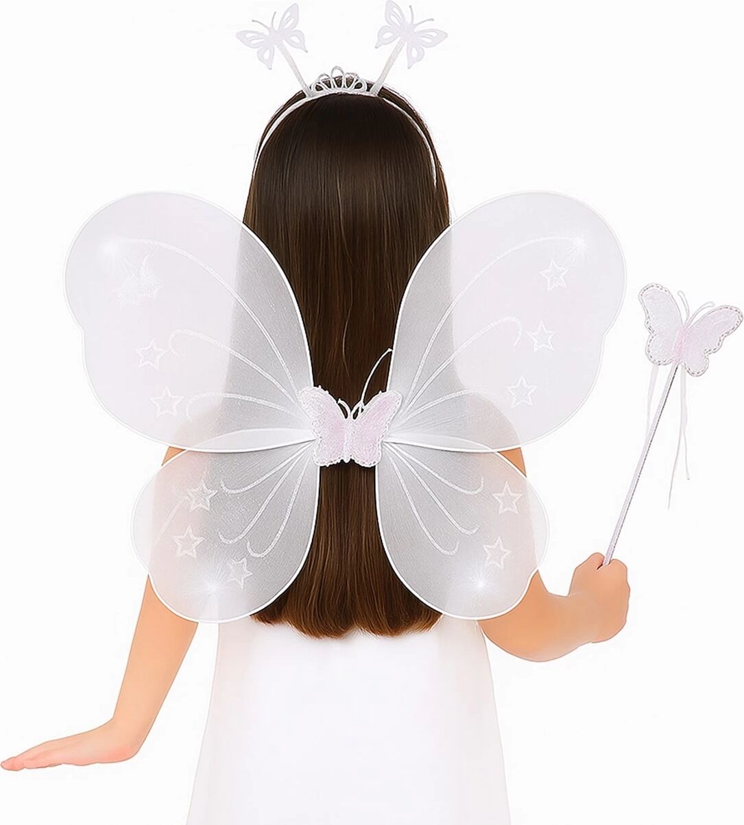 Beyaz Kelebek Kız Seti – 50 cm Kelebek Kanadı, Taç ve Asa