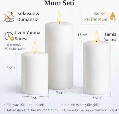 3’lü Silindir Blok Mum Seti, Beyaz Dekoratif Sütun Mumlar, Içten Yanan Fitil, 7 cm Çap, 7,10,15 cm Yükseklik, Ev Dekorasyonu, Masa ve Özel Gün Süsleme Mum Seti