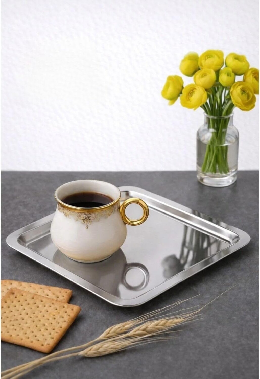 6 Adet Lüx Kare Paslanmaz Çelik Sunum Tepsini 21X21CM Kahve Servis Sunum Tepsisi & Tabağı (Gümüş)