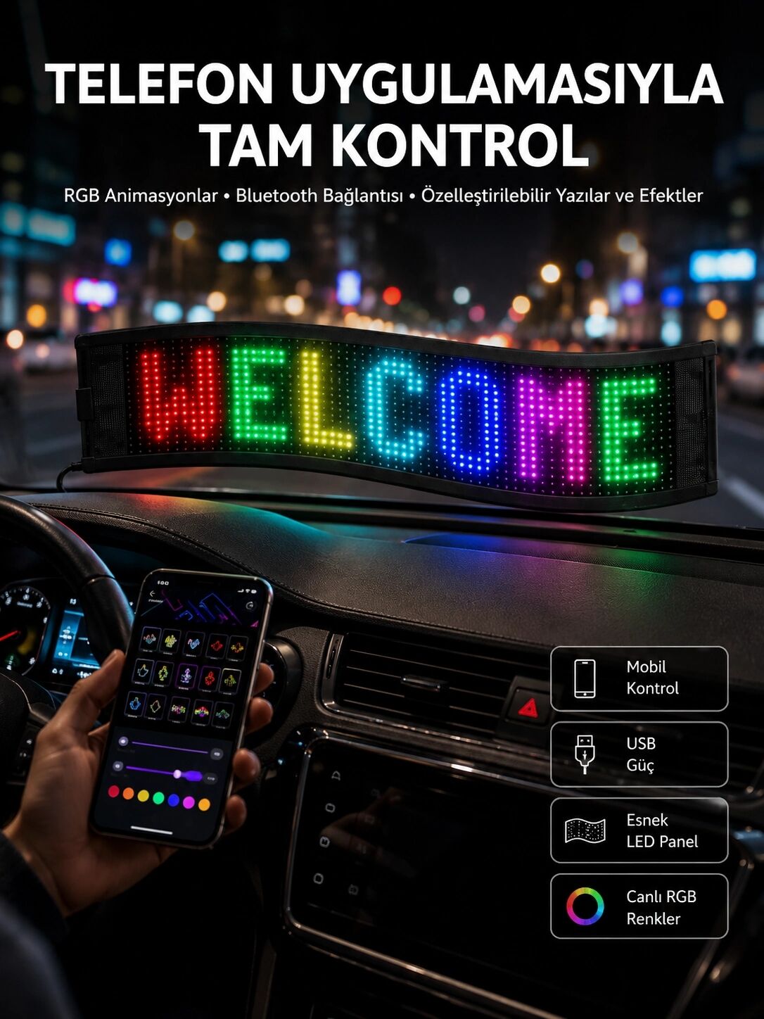 Matrix LED Cama Yapışan Telefon Kontrollü Panel Dijital Ekran Kumandalı