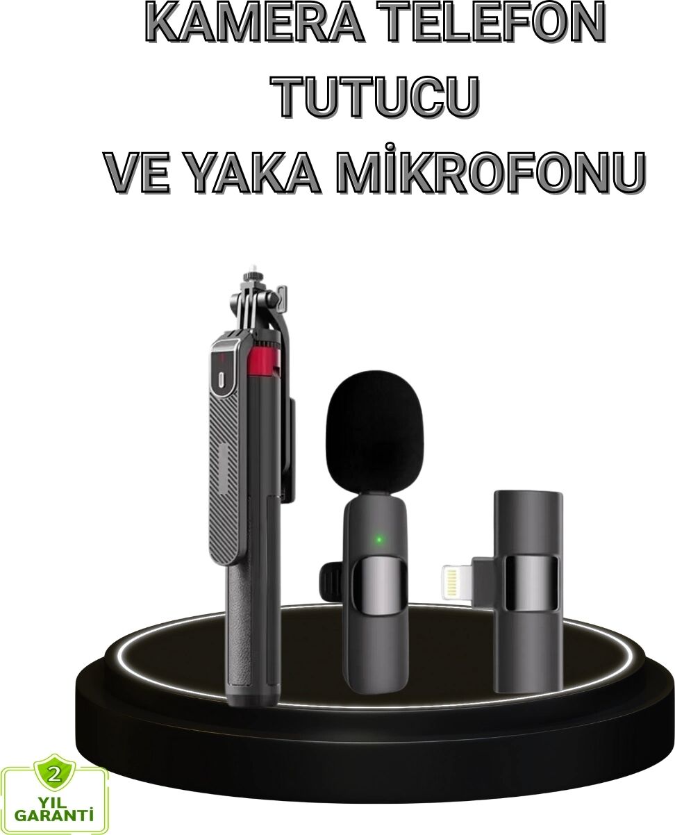 Vlog ve Canlı Yayın Için Çift Yaka Mikrofonu ve Tripodlu Selfie Çubuğu Seti
