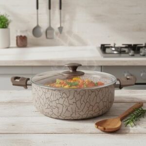 Magma Derin Tencere - 22CM-24CM Seçenekli - Iç Dış Beyaz ve Bronz Detaylı Yanmaz Yapışmaz Cam Kapaklı Çorba ve Yemek Tenceresi