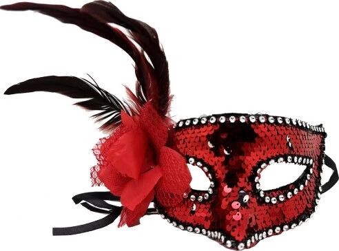 Kırmızı Yandan Tüylü Güllü Taşlı Pullu Maske