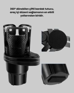 360° Döner Çiftli Bardak Tutucu ve Kablosuz Ambiyans LED Işık Araç Seti