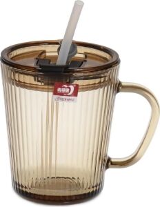 2 Adet Kapaklı Pipetli Cam Kupa Bardak Çay Kahve Meşrubat Tatlı Bardağı Kahverengi 370 ml