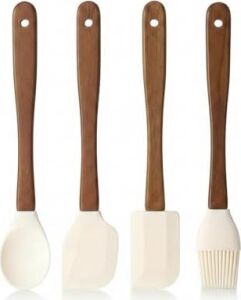 4'lü Mini Akasya Ahşap Saplı Silikon Spatula Seti - 21 cm Kavanoz Sıyırma, Pasta Süsleme ve Yumurta Fırçası - Yanmaz Yapışmaz Krem Mutfak Seti