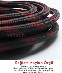 Vetech 1.5 Metre HDMI Kablo Örgü Sargılı Dayanıklı Full Hd Televizyon/monitör/tv HDMI Kablosu/uydu Alıcısı Uyumlu HDMI Kablosu