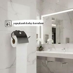 Yapışkanlı Tuvalet Kağıdı Askısı | Kapaklı Paslanmaz Metal Wc Kağıtlık | 10 * 10 cm Siyah Renk | Delmesiz Kolay Kurulum