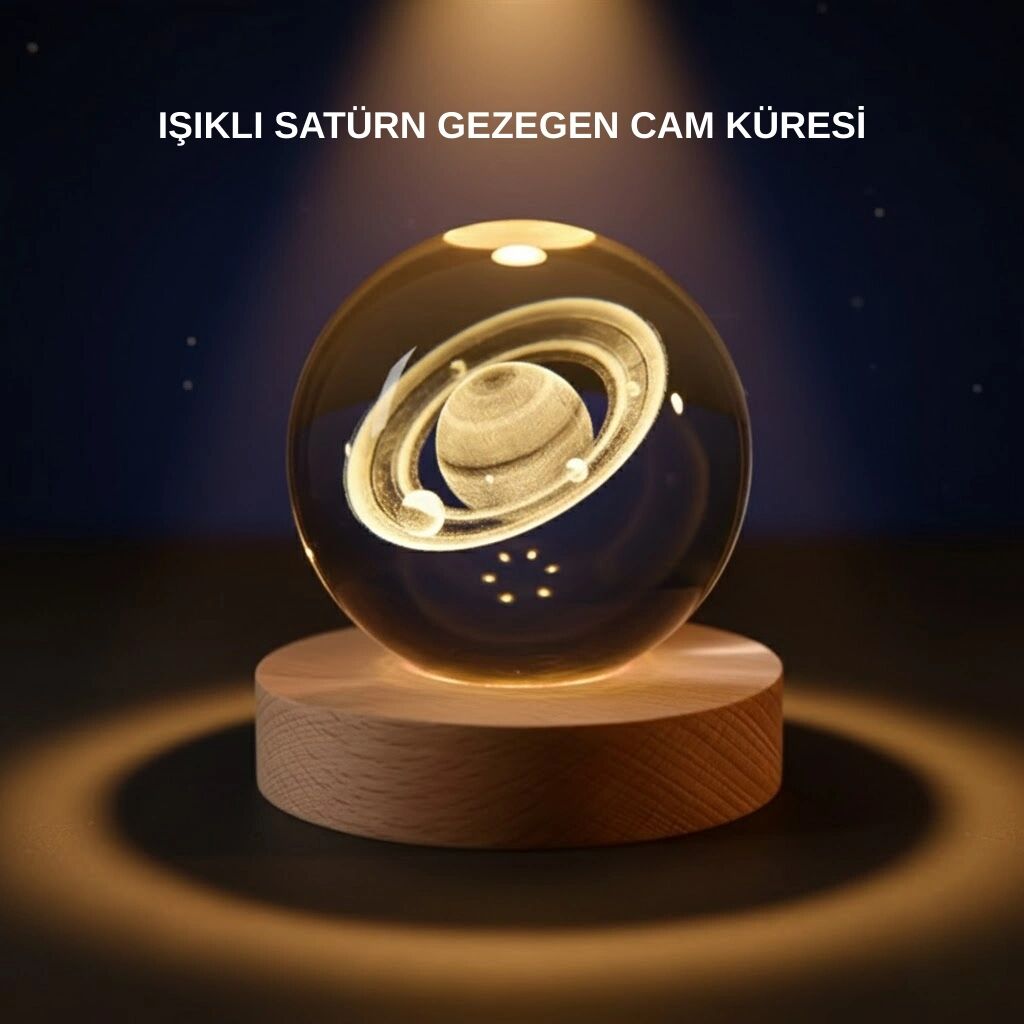 Satürn Desenli Kristal Küre LED Gece Lambası Ahşap Standlı