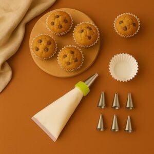 Krema Sıkma Torbası Seti (9 Çelik Uç + 100&APOS;LÜ Renkli Muffin Kağıdı) – Pasta Süsleme ve Cupcake Yapımı Için Pratik Set