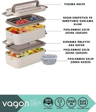 Bento 2000ML Lunchbox 2 Katlı 3 Bölmeli Mini Kaseli Çelik Sefer Tası Yemek Kutusu (Beyaz)