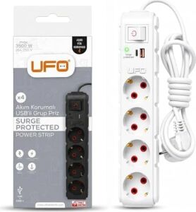 Yeni 4lü Akım Korumalı Grup Priz 1,5 Metre Bakır Kablolu, 5V 2,4A USB ve Type-C ile Şarj, Anahtarlı Topraklı Priz, Sürekli Koruma, 16A 250V, Max 3500W Aşırı Yük Koruması, 1,5m. Beyaz Renk