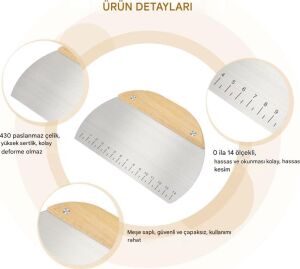 Paslanmaz Çelik Hamur Kesici ve Kazıyıcı – Ölçekli, Meşe Saplı, Ergonomik Tasarım, Mutfak Ekmek ve Pizza Hamuru Bölücü, 15.5 x 11 cm