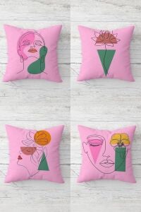 Line Art Yüz ve Çiçek Desenli Gizli Fermuarlı Kırlent Kılıfı Koltuk Yastık Kılıfı TAKIM(4ADET), Pembe-Yeşil 45 x 45