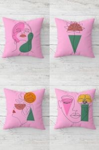 Line Art Yüz ve Çiçek Desenli Gizli Fermuarlı Kırlent Kılıfı Koltuk Yastık Kılıfı TAKIM(4ADET), Pembe-Yeşil 45 x 45
