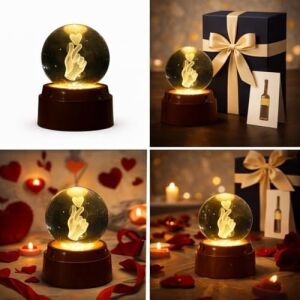 3D Kristal Küre Gece Lambası, Parmak Kalp Tasarımlı, LED Aydınlatmalı, Ahşap Tabanlı, Romantik Hediye