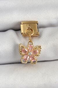 316L Çelik Sallantılı Zirkon Taşlı Çiçek Figürlü Kelebek Model Gold Renk Nomination Charm