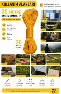 20 Metre Sarı Naylon Ip 3 Mm, Çok Amaçlı Dayanıklı Çamaşır Ipi, Kamp Bahçe Balkon Hamak ve Taşıma Sabitleme Ipi, Dayanıklı Çamaşır Ipi Kalın, Asma Ipi Güçlü Halat Ip, Sağlam Ip, Kaliteli