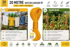 20 Metre Sarı Naylon Ip 3 Mm, Çok Amaçlı Dayanıklı Çamaşır Ipi, Kamp Bahçe Balkon Hamak ve Taşıma Sabitleme Ipi, Dayanıklı Çamaşır Ipi Kalın, Asma Ipi Güçlü Halat Ip, Sağlam Ip, Kaliteli