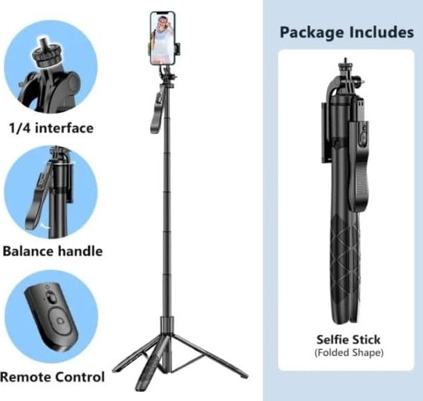 Profesyonel Tripod ve Selfie Çubuğu L16 Bluetooth Uzaktan Kumandalı 153 cm Cep Telefonu Yüksekliği Ayarlanabilir Masaüstü Portatif Taşınabilir Iç Dış Mekan Evde Tatilde Kampda Kullanım Uygun