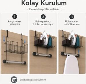 Alper Banyo Kapı Arkası Ütü Masası Askılığı Siyah, Sepetli Kapı Arkası Düzenleyici, Delmeden Kullanımlı Ütü ve Ütü Masası Tutucu