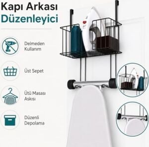 Alper Banyo Kapı Arkası Ütü Masası Askılığı Siyah, Sepetli Kapı Arkası Düzenleyici, Delmeden Kullanımlı Ütü ve Ütü Masası Tutucu