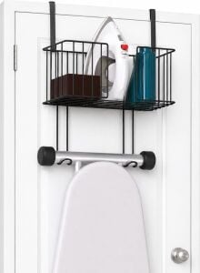 Alper Banyo Kapı Arkası Ütü Masası Askılığı Siyah, Sepetli Kapı Arkası Düzenleyici, Delmeden Kullanımlı Ütü ve Ütü Masası Tutucu