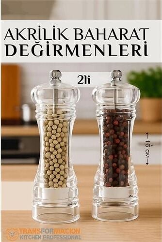 Baharat Öğütücü - Baharat Karabiber Tuz Değirmeni Ahşap Akrilik Kristal 2 Li Set 721773