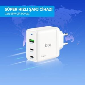 BX3P65G 65W Gan Qualcom 4.0 2*type-C & Usb-A 3 Portlu, MacBook Air, iPad Air, 17/16/15/14/14 Max /13/13 Max, Galaxy S24/S23/S22/S21 Uyumlu BX-3P65G Şarj Cihazı Beyaz