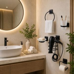 Yapışkanlı Banyo Aksesuar Seti,fön Makinesi Tutacağı,tuvalet Kağıdı Askısı,sabunluk,diş Fırçalık,yuvarlak Havlu Askısı (Set1)