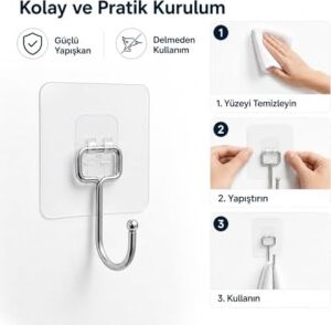 Yapışkanlı Askılık Krom Kaplama, Delmeden Montajlı Banyo ve Mutfak Askısı, Şeffaf Yapışkan Tabanlı Metal Askı, Havlu Bez Anahtar Askılığı (3 Adet Gönderilmektedir)