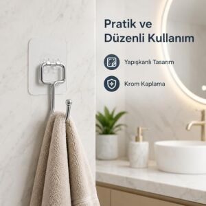 Yapışkanlı Askılık Krom Kaplama, Delmeden Montajlı Banyo ve Mutfak Askısı, Şeffaf Yapışkan Tabanlı Metal Askı, Havlu Bez Anahtar Askılığı (3 Adet Gönderilmektedir)
