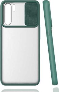 Oppo Reno 3 ile Uyumlu Kılıf Slayt Sürgülü Arkası Buzlu Lensi Kapak - Koyu Yeşil