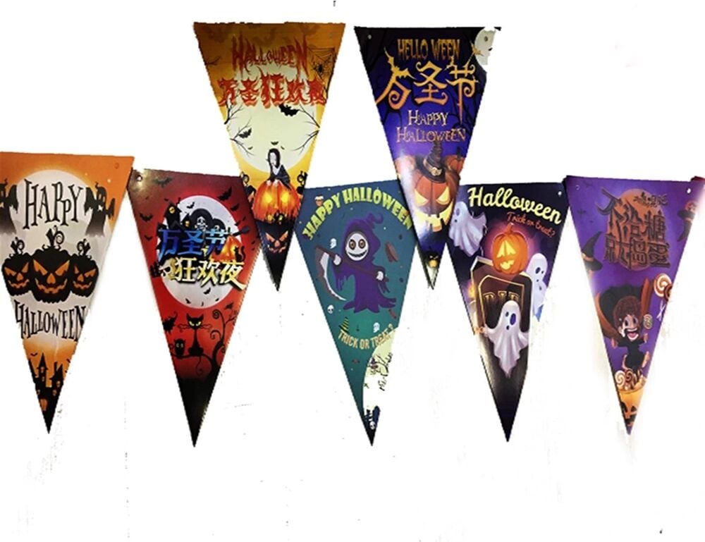 Lüks Baskılı Üçgen Model Halloween Banner Süs Bayrak 8 Li