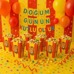 Sarı Kırmızı Aslan Temalı Popcorn Kutusu, 8'li Set, Doğum Günü Parti Malzemesi