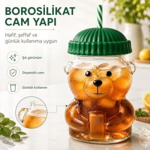 Sogud Cam Bardak - 580 ml Pipetli Soğuk Içecek Bardağı - Borosilikat Cam Kupa - Ayıcıklı Figürlü Barista Kahve Bardağı - Smoothie Limonata Ice Tea Kokteyl ve Meyve Suyu Için Yazlık Sunum(Asorti Renk)